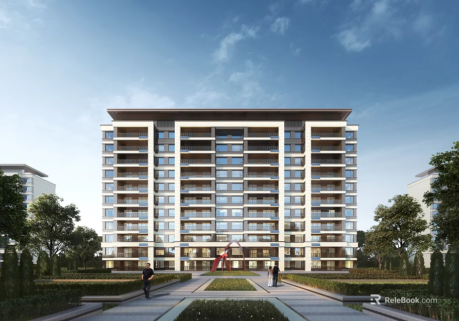 Modern Multistory Residential Building With Greenery Trees Entrance Pathways And Balconies 3d model 