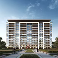Modern Multistory Residential Building With Greenery Trees Entrance Pathways And Balconies