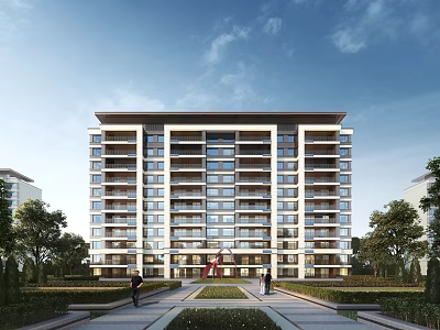 Modern Multistory Residential Building With Greenery Trees Entrance Pathways And Balconies 3d model