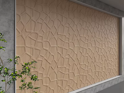 Light Brown Wooden Textured Wall With Geometric Patterns And Green Plant Decoration 3d model