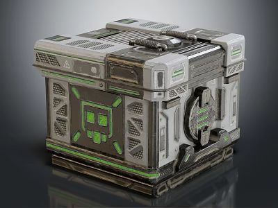 Futuristic Mechanical Storage Box With Green Skull Logo And Grid Details 3d model