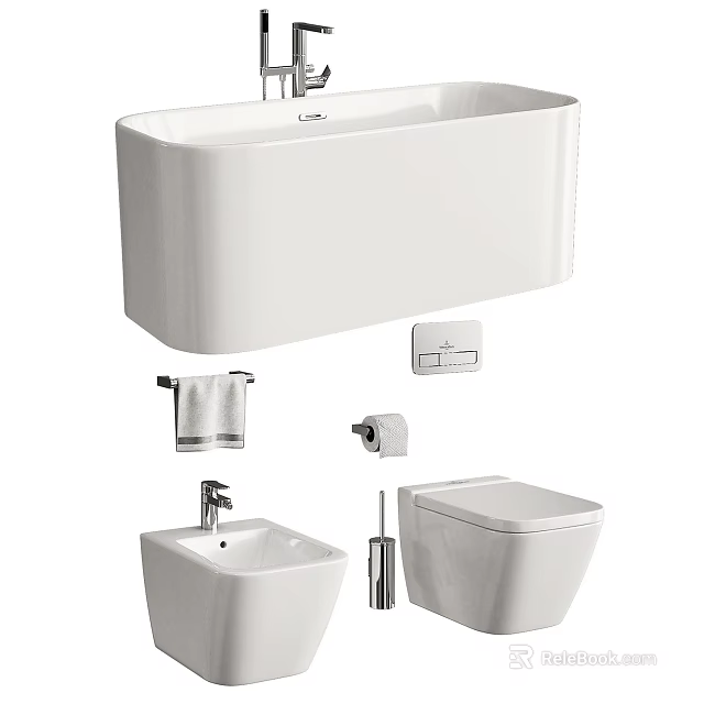 Modern White Freestanding Bathtub With Towel Rack Towel Toilet Paper Toilet And Sink 3d model 