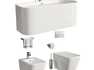 Modern White Freestanding Bathtub With Towel Rack Towel Toilet Paper Toilet And Sink 3d model