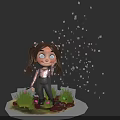 Cartoon Girl With Pigtails Standing On Grass With Purple Flowers And Starry Background