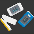 Pulse Oximeters in Yellow White Blue with Digital Display Readings on Black Background