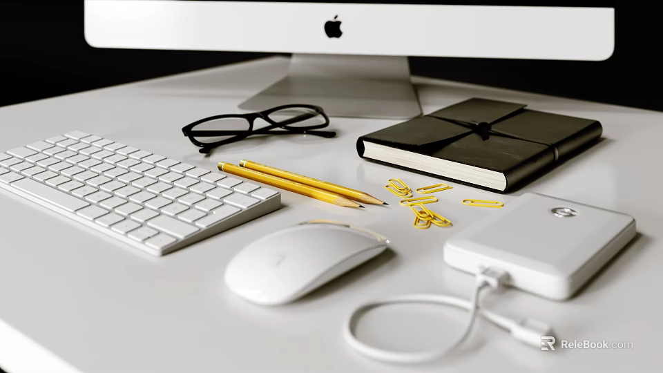 Modern Workspace Desk Setup With Apple Computer Keyboard Mouse Notebook Pencils Glasses And Power Bank 3d model 