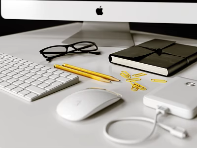 Modern Workspace Desk Setup With Apple Computer Keyboard Mouse Notebook Pencils Glasses And Power Bank 3d model