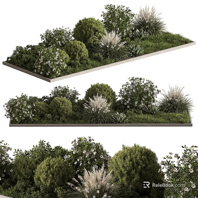 Various Shrubs With Greenery And White Blooms In Garden Landscape Design 3d model 