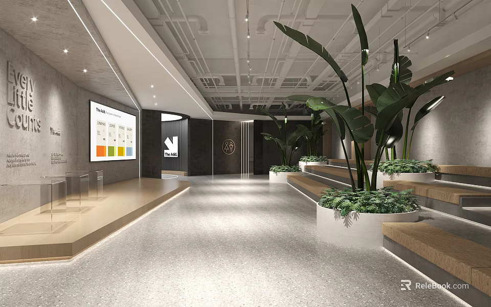 Modern Front Desk Reception Area With Large Plants Digital Screen And Stepped Platforms 3d model