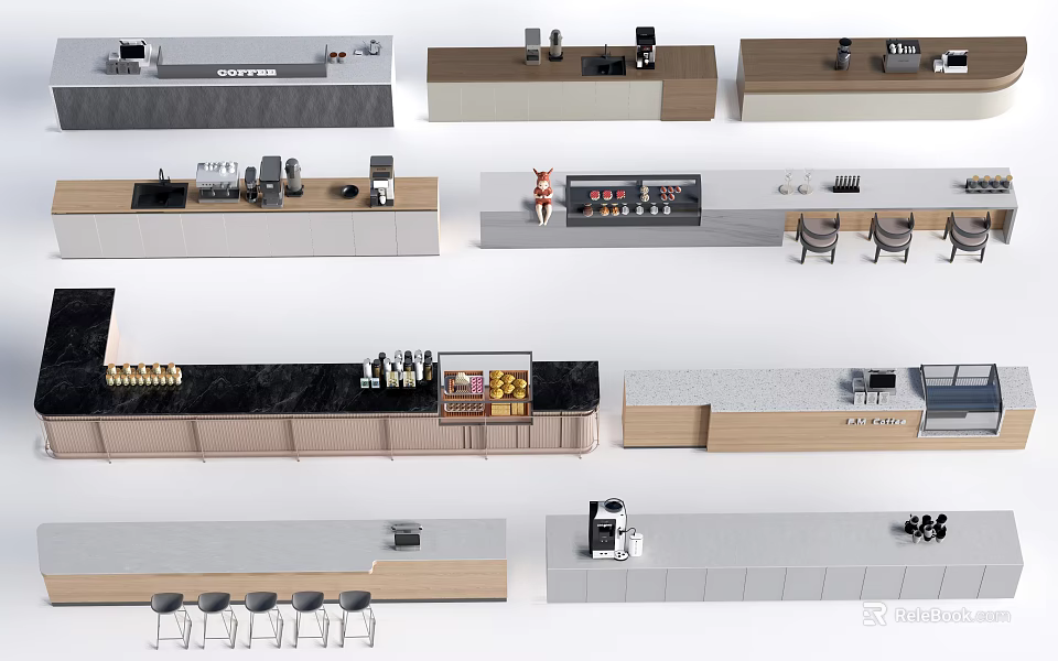 Various Modern Bar Counter Designs With Different Materials And Bar Stools 3d model