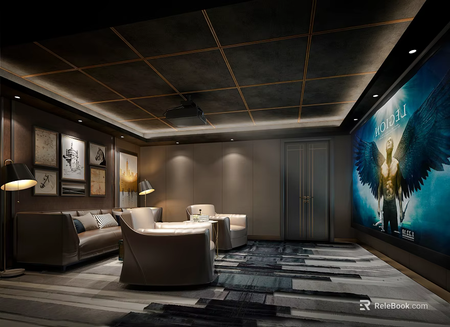 Luxurious Home Theater Room Interior With Comfortable Leather Sofas Large Screen Ambient Lighting And Patterned Rug 3d model