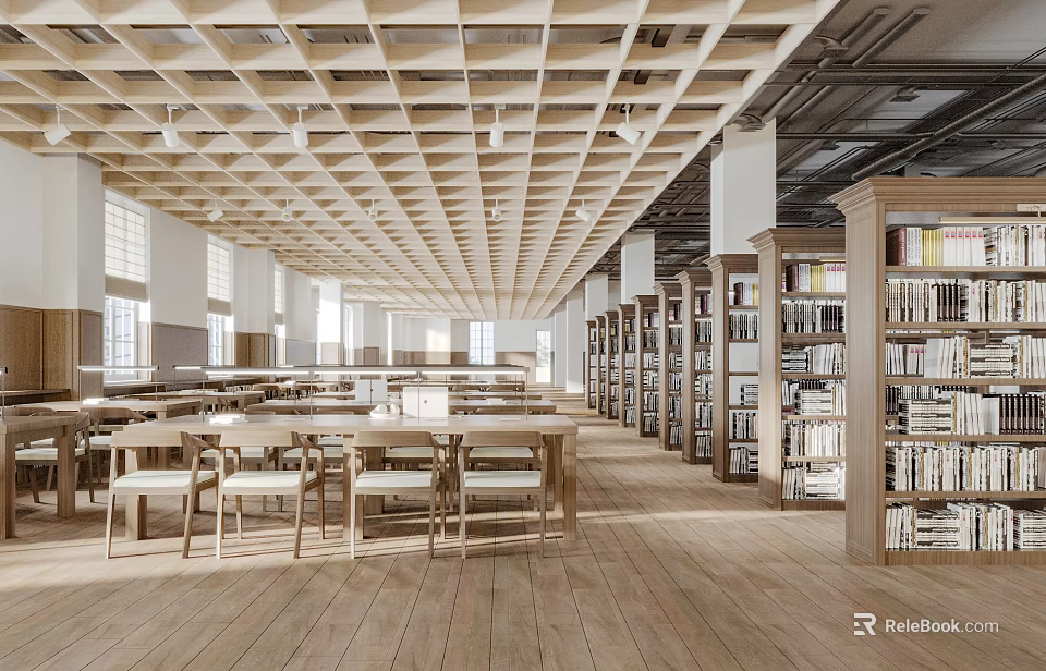 Book Art Inspired Library Design With Wooden Ceiling Bookshelves Long Tables And Natural Light 3d model 