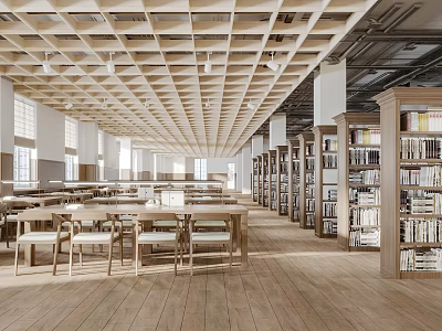 Book Art Inspired Library Design With Wooden Ceiling Bookshelves Long Tables And Natural Light 3d model
