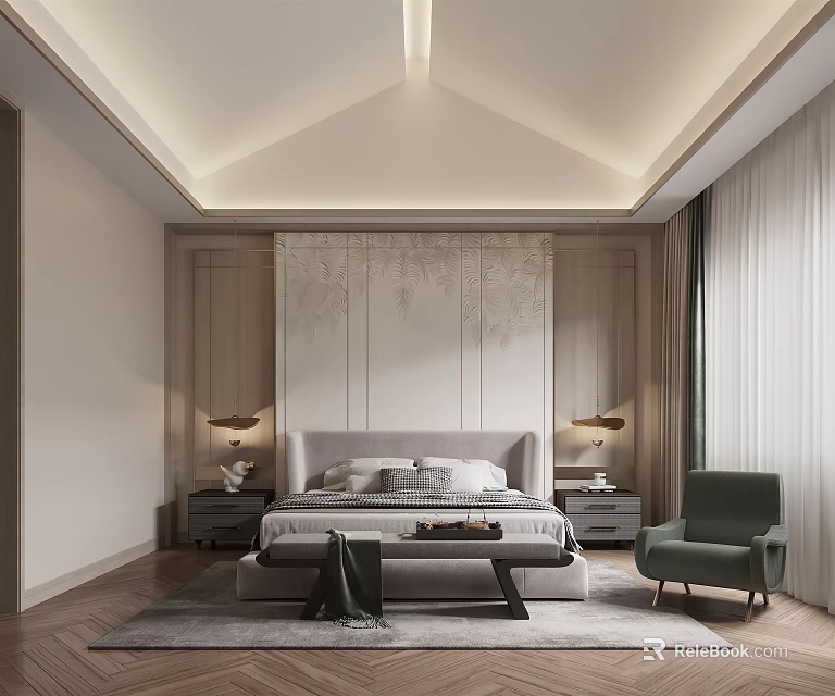 Elegant Modern Bedroom Interior Design With Patterned Headboard Grey Bed And Green Armchair 3d model 