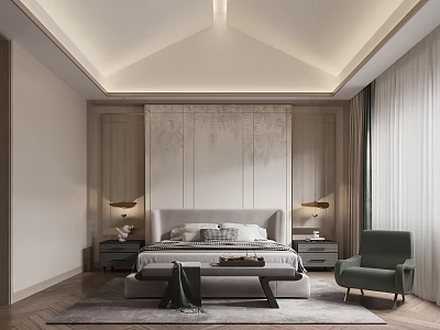 Elegant Modern Bedroom Interior Design With Patterned Headboard Grey Bed And Green Armchair 3d model