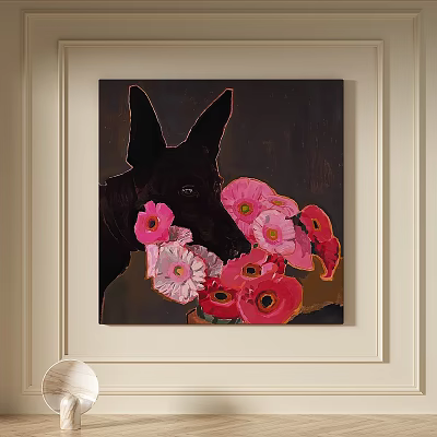 Black Dog Head and Pink Flowers Oil Painting on Canvas Wall Art 3d model