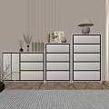White Entryway Console and Side Cabinets with Lamp Green Plants Frames and Vertical Striped Wall