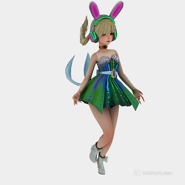 Stylish Woman In Green Blue Metallic Dress With Headphones White Boots And Tail Accessory 3d model 