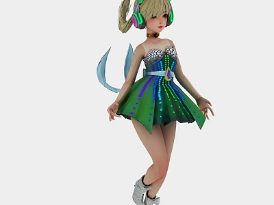 Stylish Woman In Green Blue Metallic Dress With Headphones White Boots And Tail Accessory 3d model