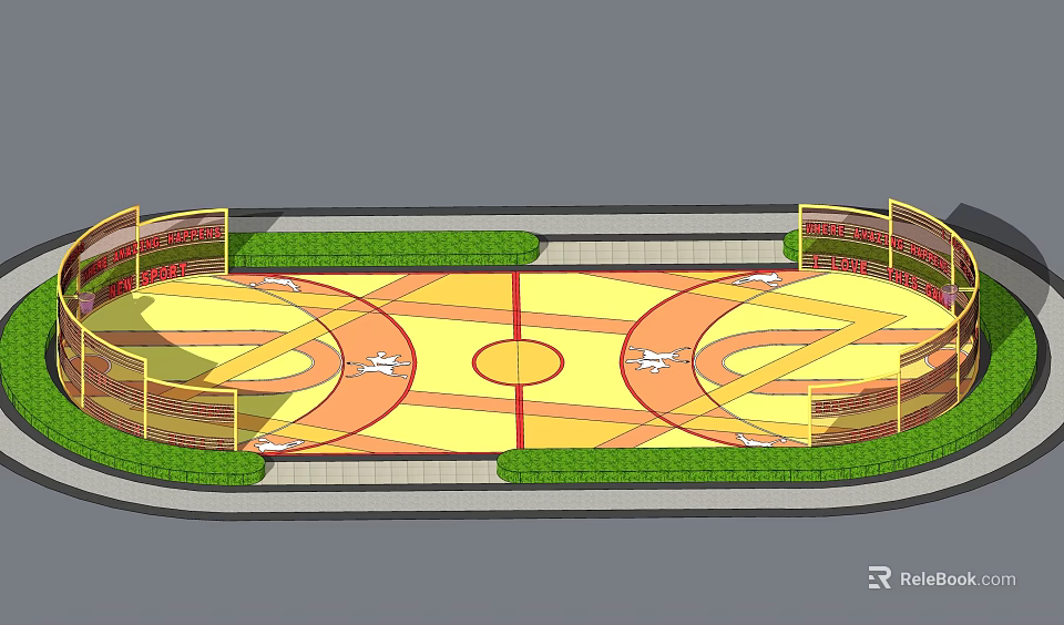 Colorful Basketball Court Design With Yellow Green Flooring And Surrounding Green Border 3d model 