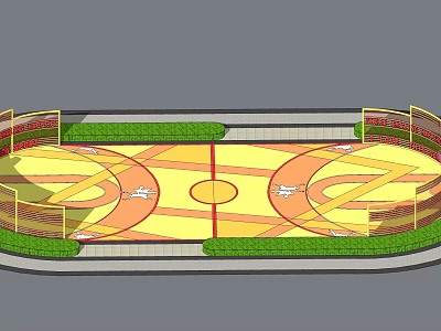 Colorful Basketball Court Design With Yellow Green Flooring And Surrounding Green Border 3d model
