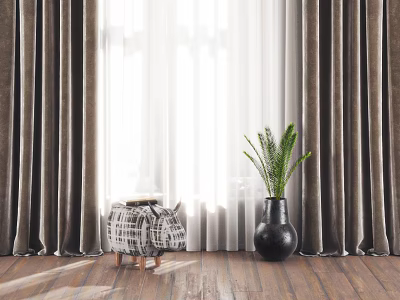 Gray Thick Curtains With White Sheer And Patterned Stool Black Vase Plant On Wooden Floor 3d model