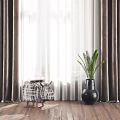 Gray Thick Curtains With White Sheer And Patterned Stool Black Vase Plant On Wooden Floor