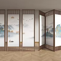 Elegant Traditional Chinese Room Divider With Landscape Painting Flying Birds Small Boat And Moon