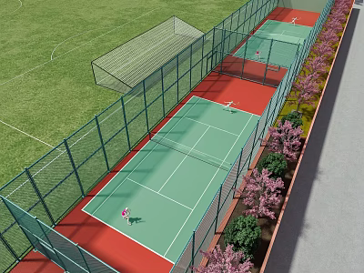 Outdoor Sports Fitness Space With Fenced Tennis Courts Green Red Surfaces Adjacent Soccer Field Flowering Plants 3d model