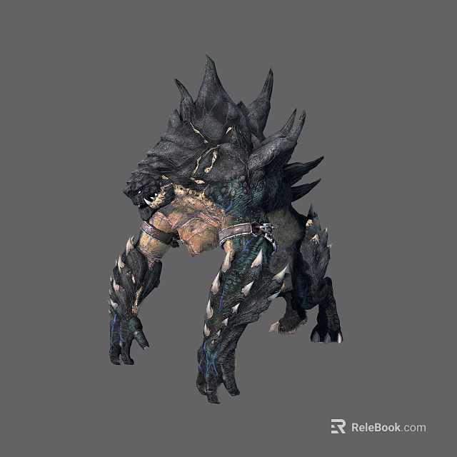 Mythical Spiked Creature Character With Black Armor Blue Skin And Muscular Build 3d model 