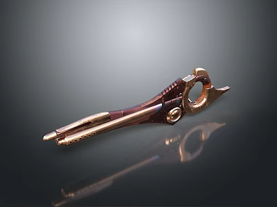 Ornamental Metal Weapon With Copper Golden Shiny Reflective Surface And Intricate Curved Design 3d model