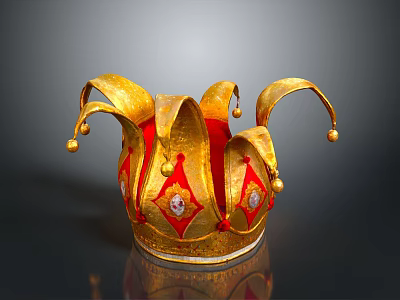 Vintage Decorative Jester Hat With Gold Red Design And Tassel Gemstone Accents 3d model