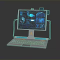 Advanced Tech Workstation With Blue Digital Interface Data Charts And Keyboard Setup
