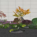 Diverse Flowers And Plants With Shrubs Trees And Stone Decor Against White Wall