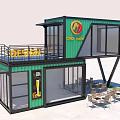Modern Container Building Cafe With Green Black Exterior Large Windows And Outdoor Tables