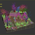 Cartoon Scene With Small Rustic Wooden Houses Surrounded By Trees Grass And Benches