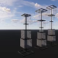 Commercial Equipment Grid Cube Stacked Tower With Lighting In Dusk Sky