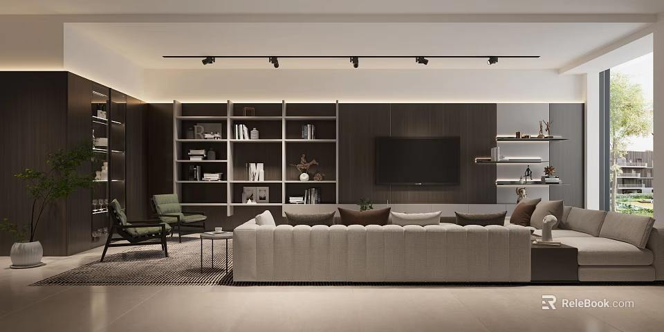 Modern Living Room Interior Design With Neutral Sofa Wall Mounted TV And Bookshelves 3d model 