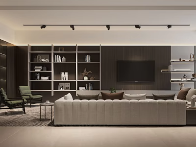 Modern Living Room Interior Design With Neutral Sofa Wall Mounted TV And Bookshelves 3d model