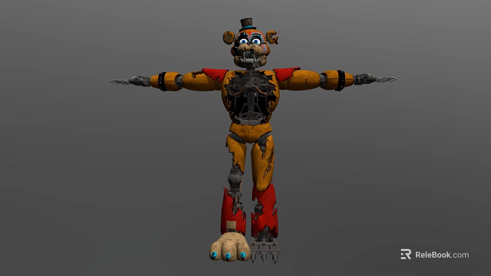 Mechanical Bear Design with Yellow Red Body Top Hat Blue Eyes Joints and Spiked Feet 3d model 