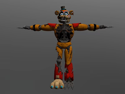Mechanical Bear Design with Yellow Red Body Top Hat Blue Eyes Joints and Spiked Feet 3d model