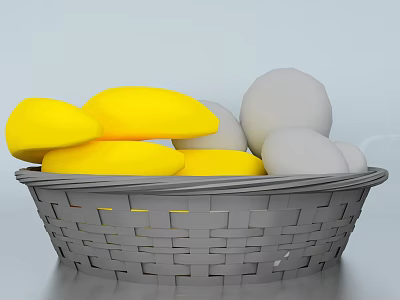 Gray Woven Commercial Display Basket For Fresh Fruits With Yellow And White Produce 3d model