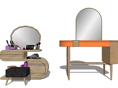 Wooden Dressing Tables With Round Mirrors Orange Countertop Drawers And Cosmetics Storage 3d model