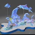 Vibrant Blue Dolphin And Fish 3D Sculptures With White Decorations On Wavy Blue Base