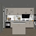 Modern Kitchen With Gray Cabinets Marble Countertops Glass Door Island And White Refrigerator