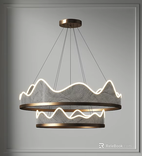 Modern Double Ring Chandelier With Wavy Light And Metal Frame Textured Details 3d model 