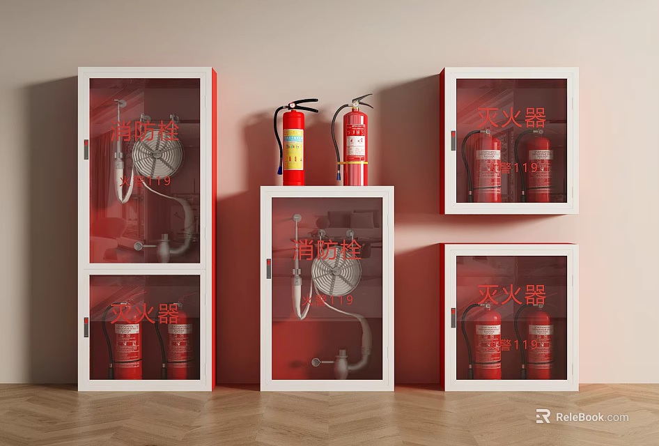 Red Fire Equipment Cabinets With Glass Doors Holding Fire Extinguishers 3d model 