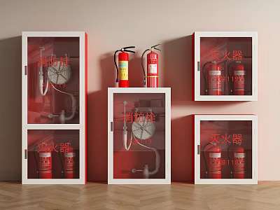 Red Fire Equipment Cabinets With Glass Doors Holding Fire Extinguishers 3d model