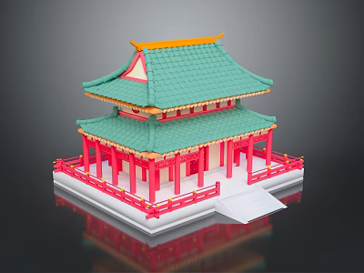 Traditional Architecture Model Two Story Structure With Green Tiled Roof Red Pillars And Yellow Accents 3d model