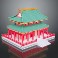 Traditional Architecture Model Two Story Structure With Green Tiled Roof Red Pillars And Yellow Accents